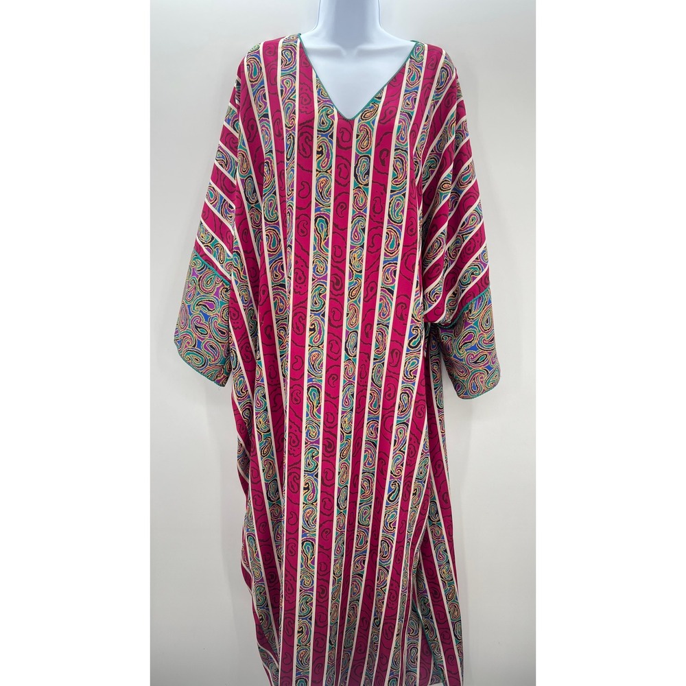 Mary McFadden Collection I Vintage Kaftan Dress Paisley Stripe Magenta Sakowitz